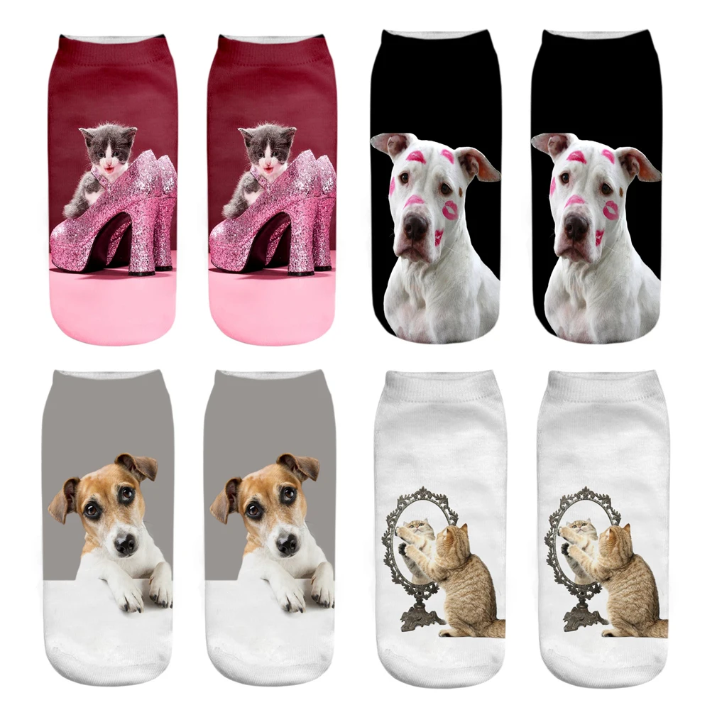 

New 3D Print Funny Cute Cartoon Kitten Unisex Short Socks Creative Colorful Multiple Cat Dog Face Happy Low Ankle Women Socks fo