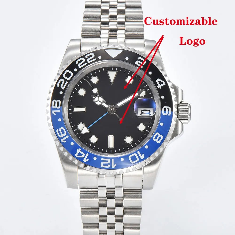 นาฬิกาผู้ชาย 40 มม. NH34 การเคลื่อนไหว GMT อัตโนมัติกระจกแซฟไฟร์โลโก้ที่กำหนดเองนาฬิกาธุรกิจผู้ชาย