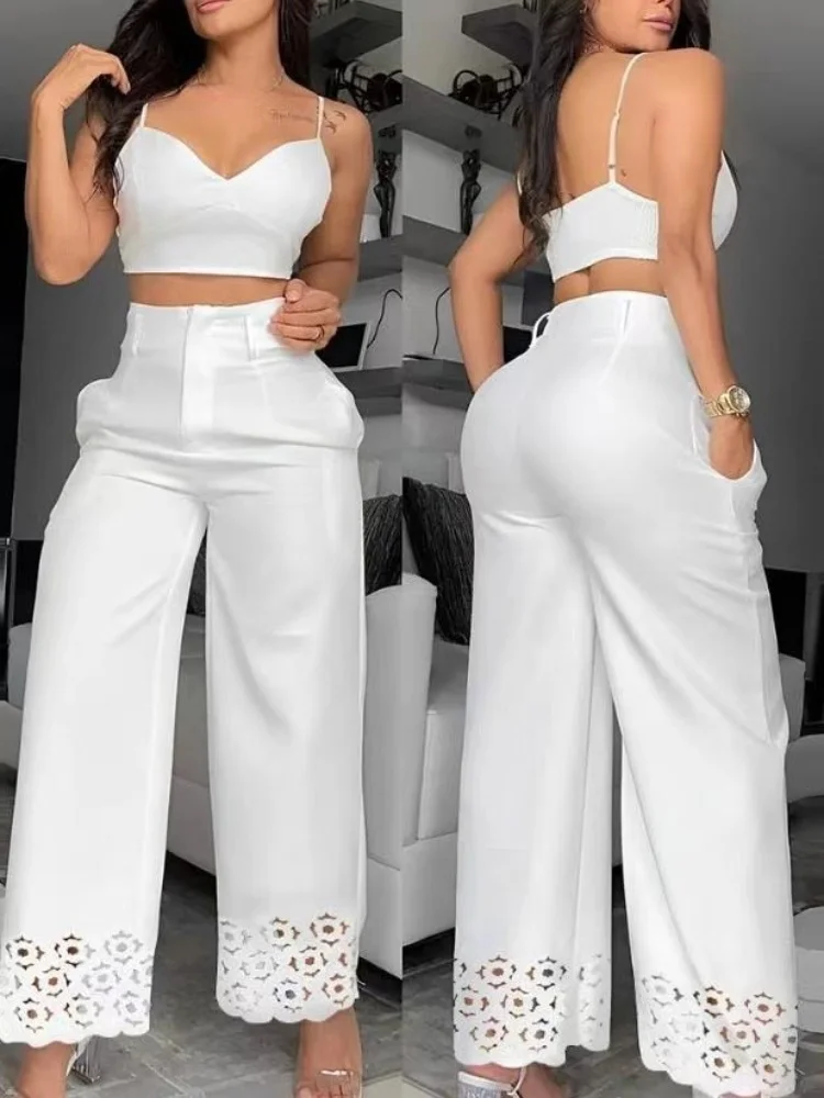 2 Piece Sets Womens Outifits Casual V-Neck Cami Crop Tops & White Fashion Hollow Out Wide Leg High Waist Pants Suits Female