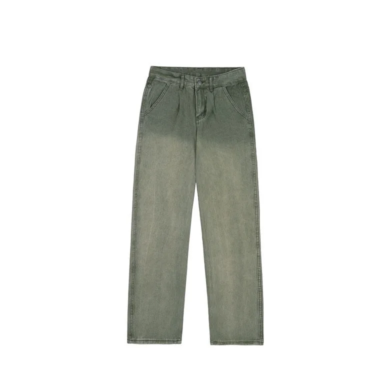 American Retro Washing Gradient Green Jeans For Women With High Street Design Loose Slim Straight Wide-Leg Pants Ins