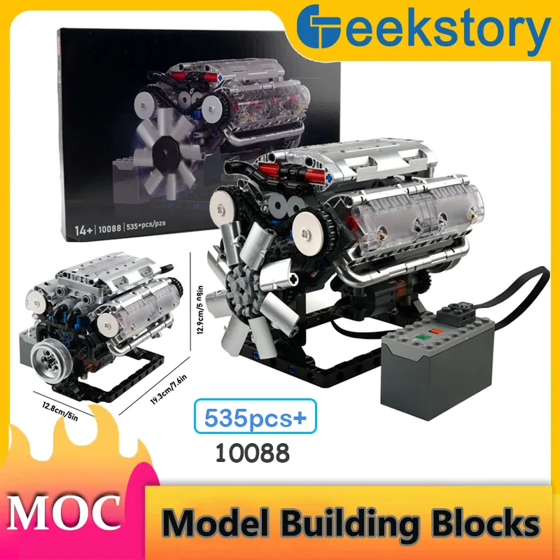 

535pcs+ V8 Engine MOC Building Blocks Simulation Scale 10088 Model Kit with Motor Driven Bricks Cars Parts Ornaments Toys Gifts