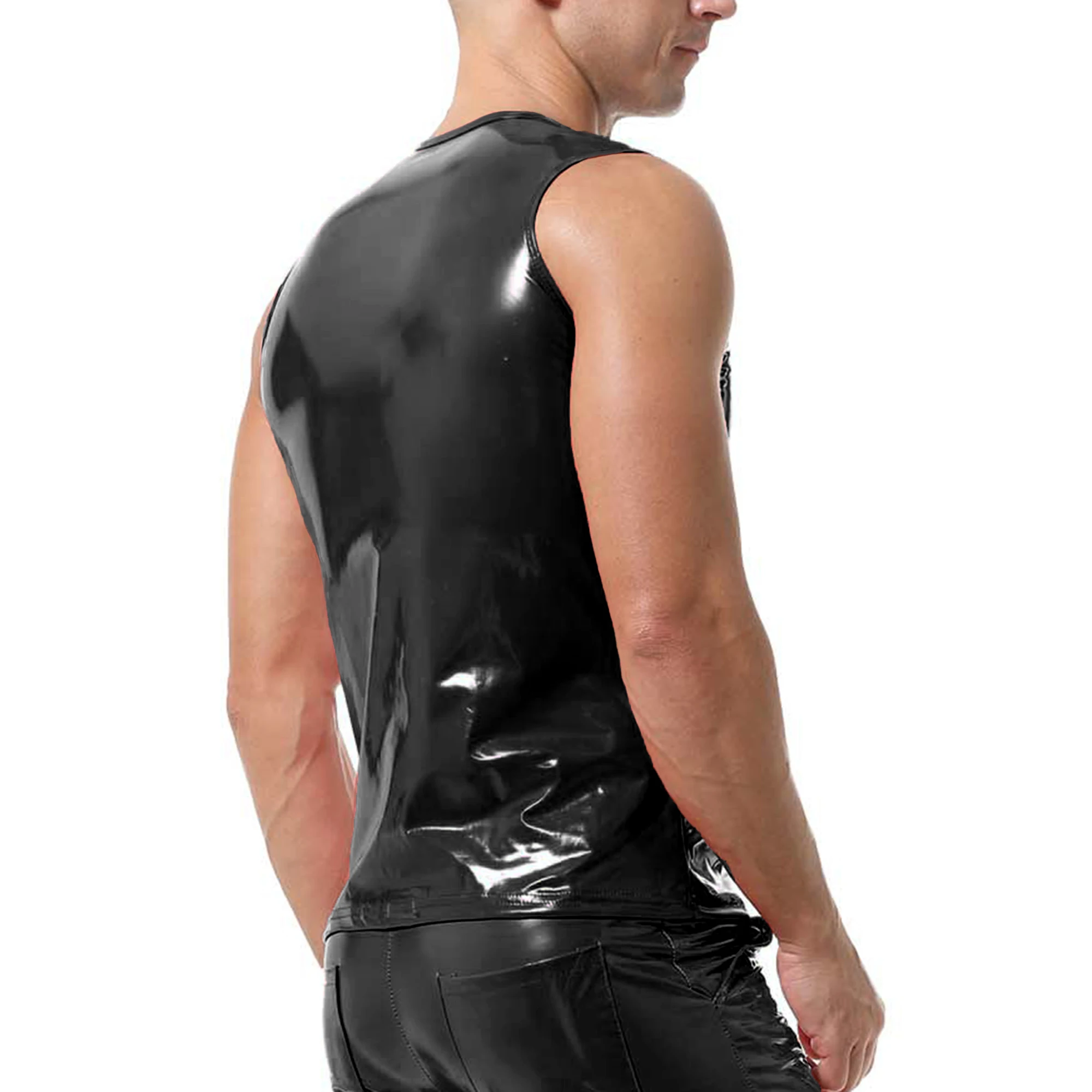 Mens Glossy PVC Leather Tank Tops Slim Sleeveless T-Shirts Sexy V-neck Nightclub Stage Male Faux Leather Vests Tops Man Clubwear