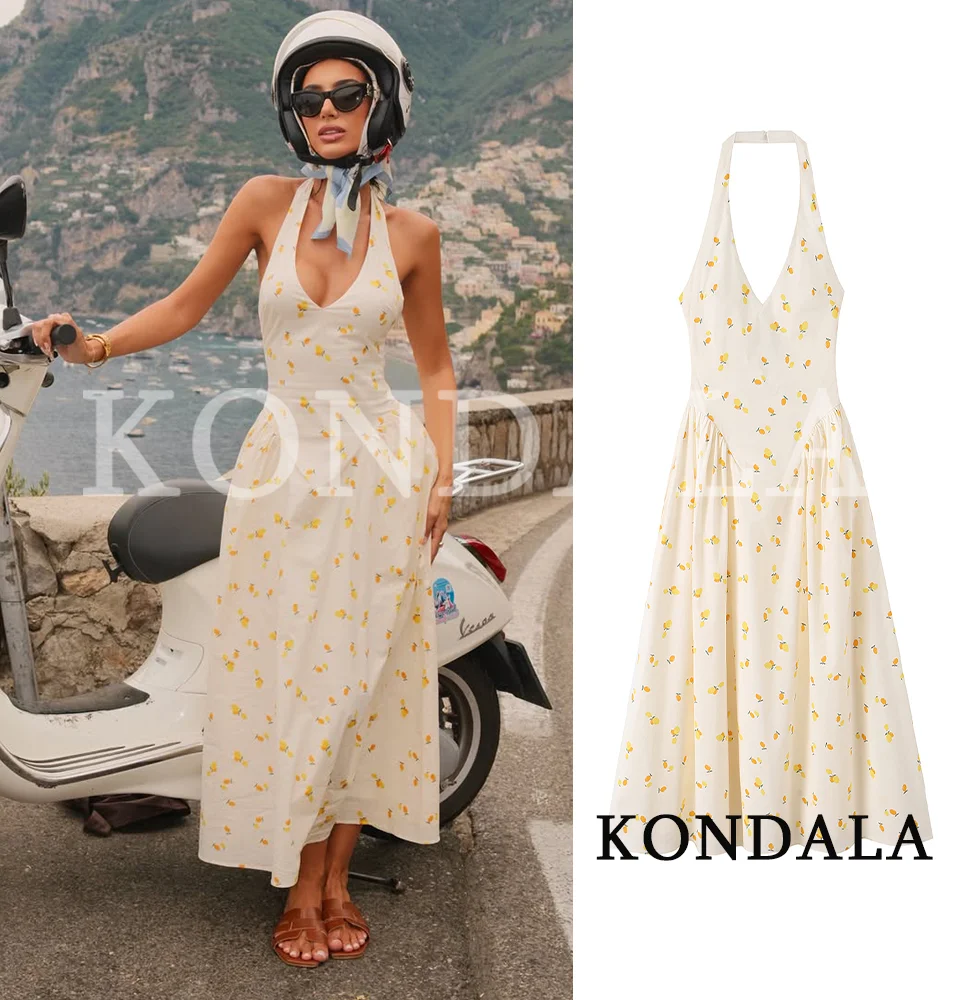 KONDALA Damen Elegantes Bedrucktes Neckholder-Kleid Neu 2026 Sommer Trendiges Lässiges Langes Kleid für Frauen Schickes Rückenfreies Kleid für Dates