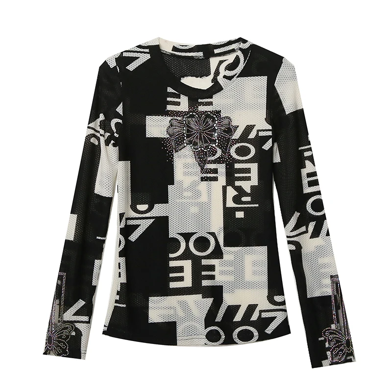 2023 neue Herbst Winter koreanische Kleidung T-Shirt Frauen schick sexy O-Ausschnitt Patchwork Diamanten Tops Langarm Bohrer Hand machen T-Shirts