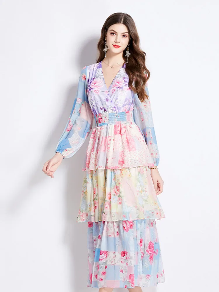 Women Long Lantern Sleeve V Neck Floral Print Beach Boho Chiffon Long Dress 2025 Summer Bohemain Cascading Ruffles Robe Vestidos