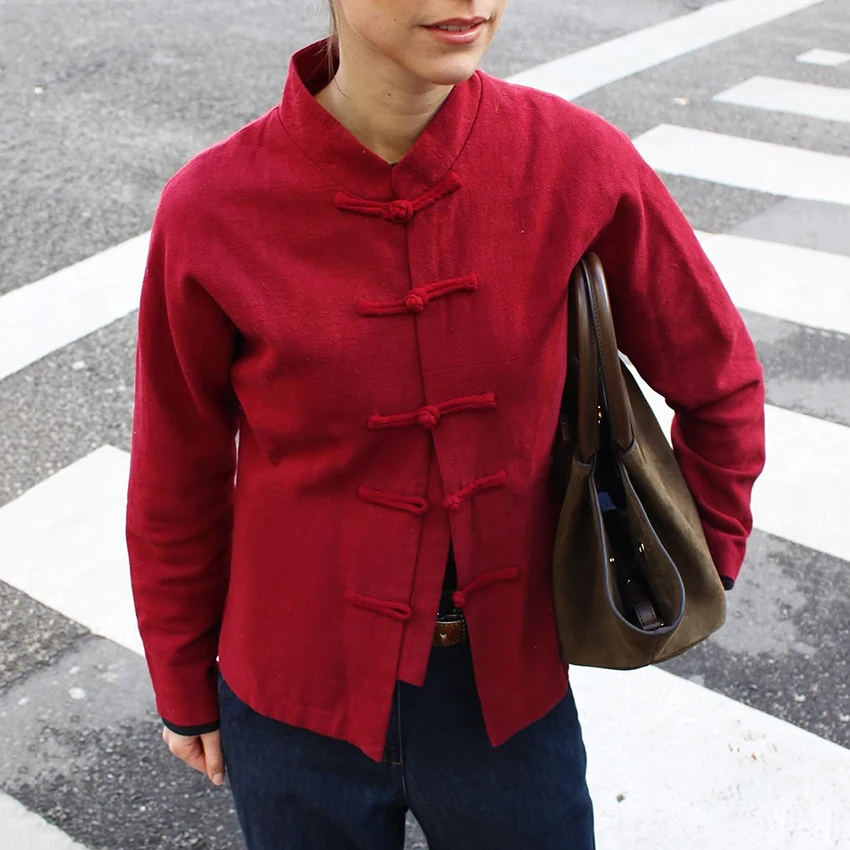 Linad Chinese Style White Single Breasted Blouse Women Summer Vintage Stand Collar Shirts Street Chic Red Long Sleeve Tops 2026