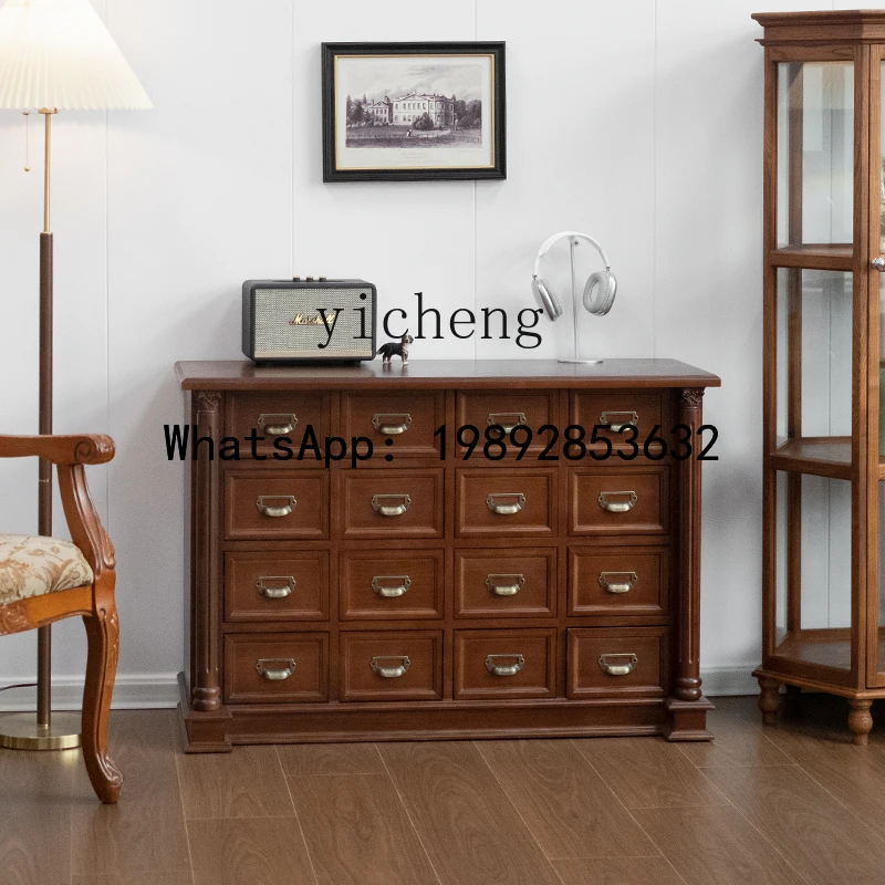 American medieval style bucket cabinet floor-to-ceiling against the wall, solid wood retro storage bedroom