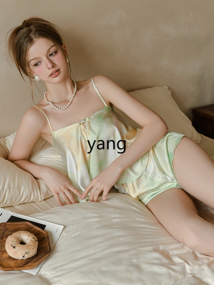 CX girly summer ice silk thin suspender shorts loungewear set white