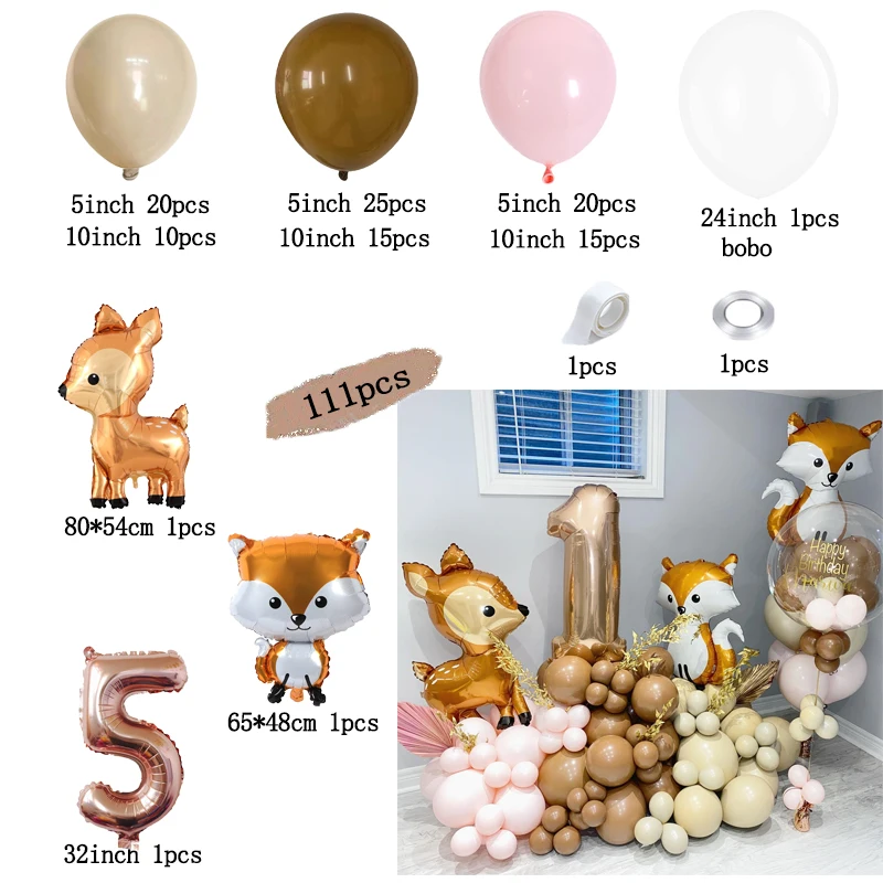 Ensemble de ballons en feuille d\'aluminium Jungle Fox Deer, animaux de la forêt, décor à thème débarde calcul, décor à l\'hélium numérique IkKids,