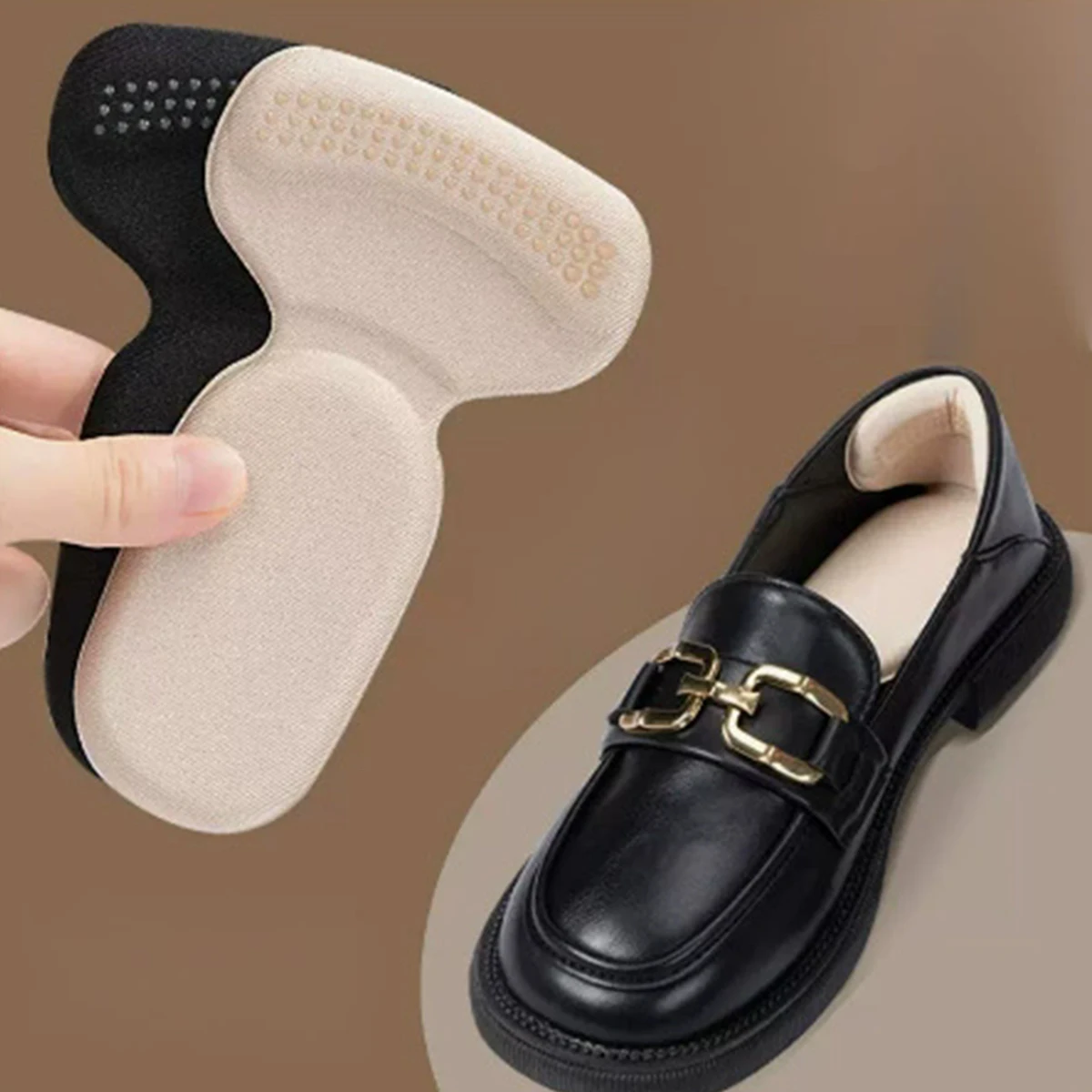 2 Pack Beige T-type Heel Cushion Pads, Lightweight Cushion Heel Liners with Anti-slip Dots, Self-adhesive Shoe Inserts for Loose