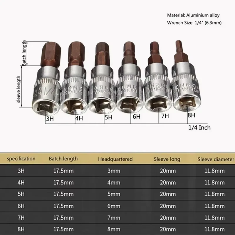 6 Pz 1/4 Pollici Cacciavite Bit Socket Set Punte per cacciavite esagonale H3-H8 Accessori per cacciavite per chiave dinamometrica Chiave a cricchetto