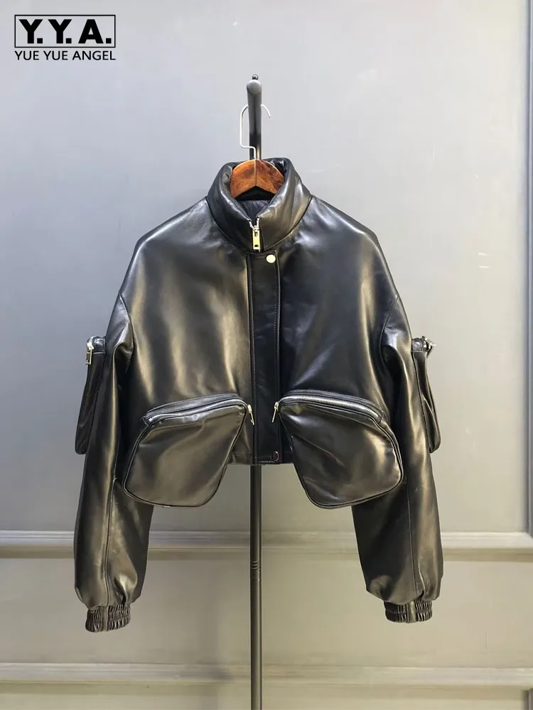 Fashion Designer Women Loose Fit Pockets Stand Collar Sheepskin Genuine Leather Jacket Winter Warm Down Jacket Punk Style Coat