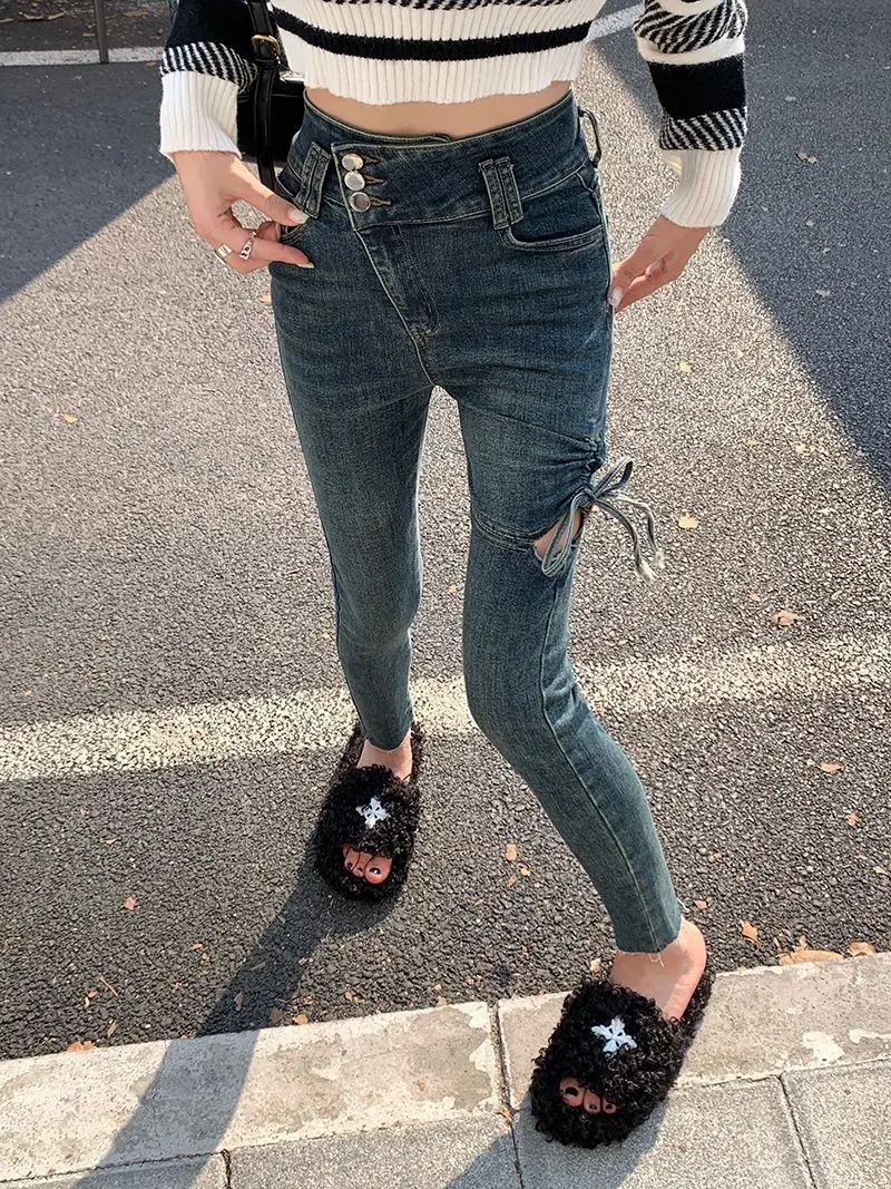 

New Jeans Ankle Length Woman Autumn Slim fit Fashion High Waist Feet Tight Thin Jeans Trousers Blue Elasticity Pencil Pants A312