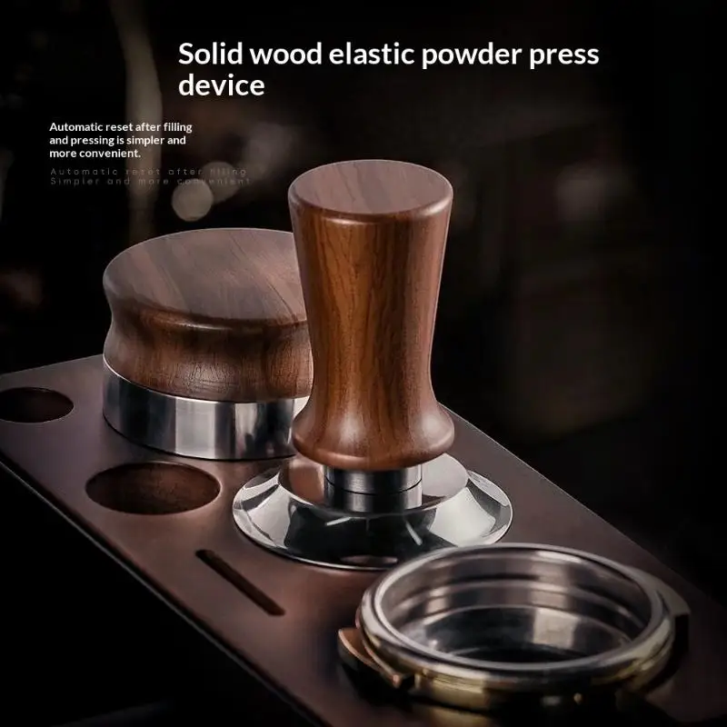 1Pcs Barista Tool 51/53/58mm Beech Wood Espresso Coffee Tamper Internal Spring Balanced Force Coffee Hammer Stainless Steel Base