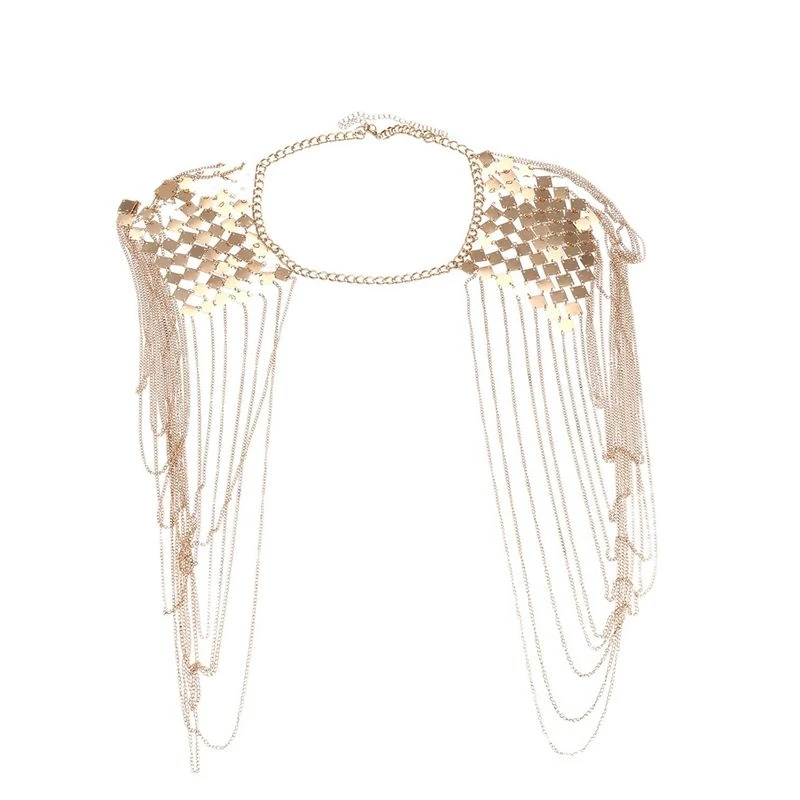 Eco-Friendly-3X Vintage Punk Harness Bikini Body Link Epaulet Shoulder Chain Necklace Collar Dangling Tassel Gold