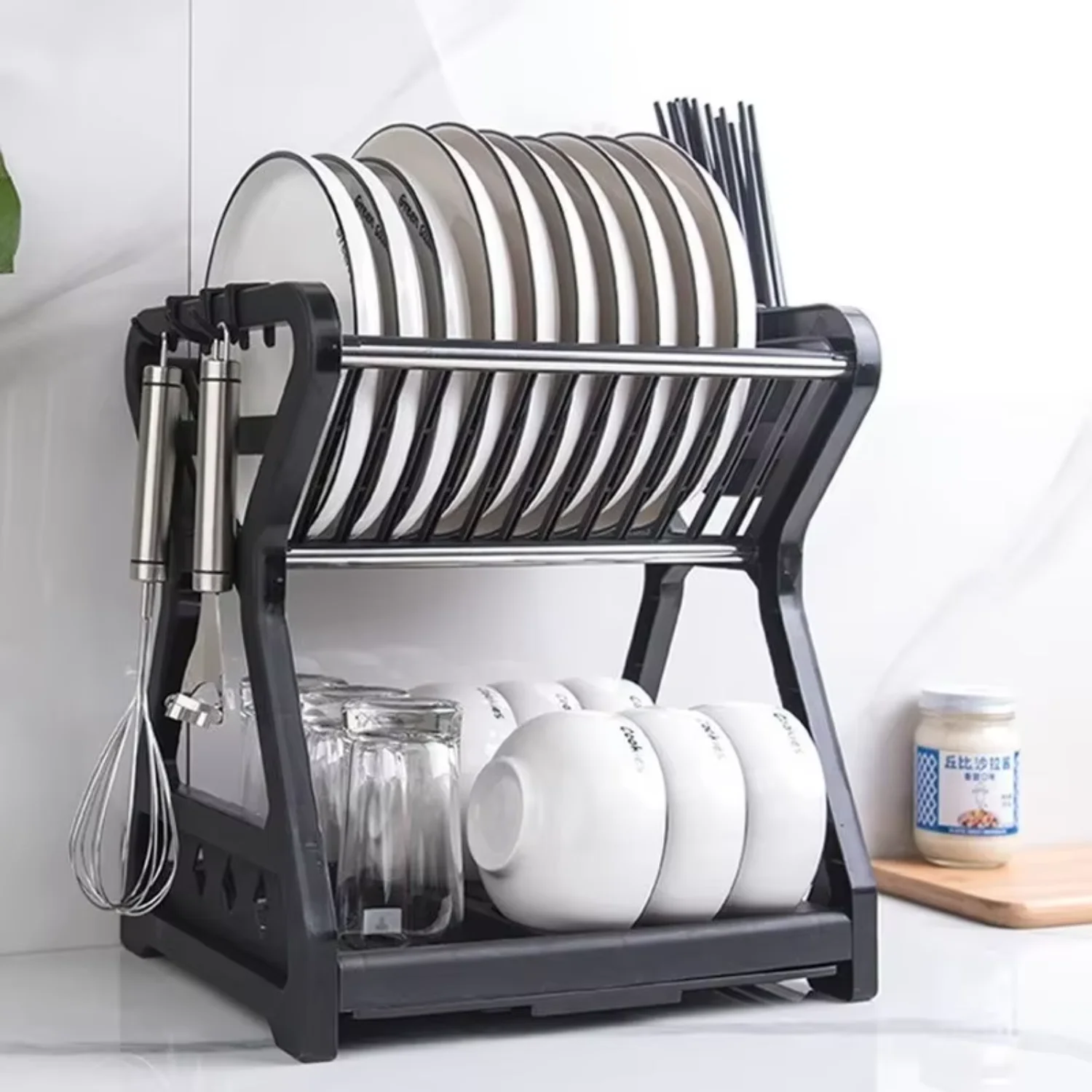 Double layer kitchen dish bowl drainage storage rack, with chopstick cage, household dishes in the tray box