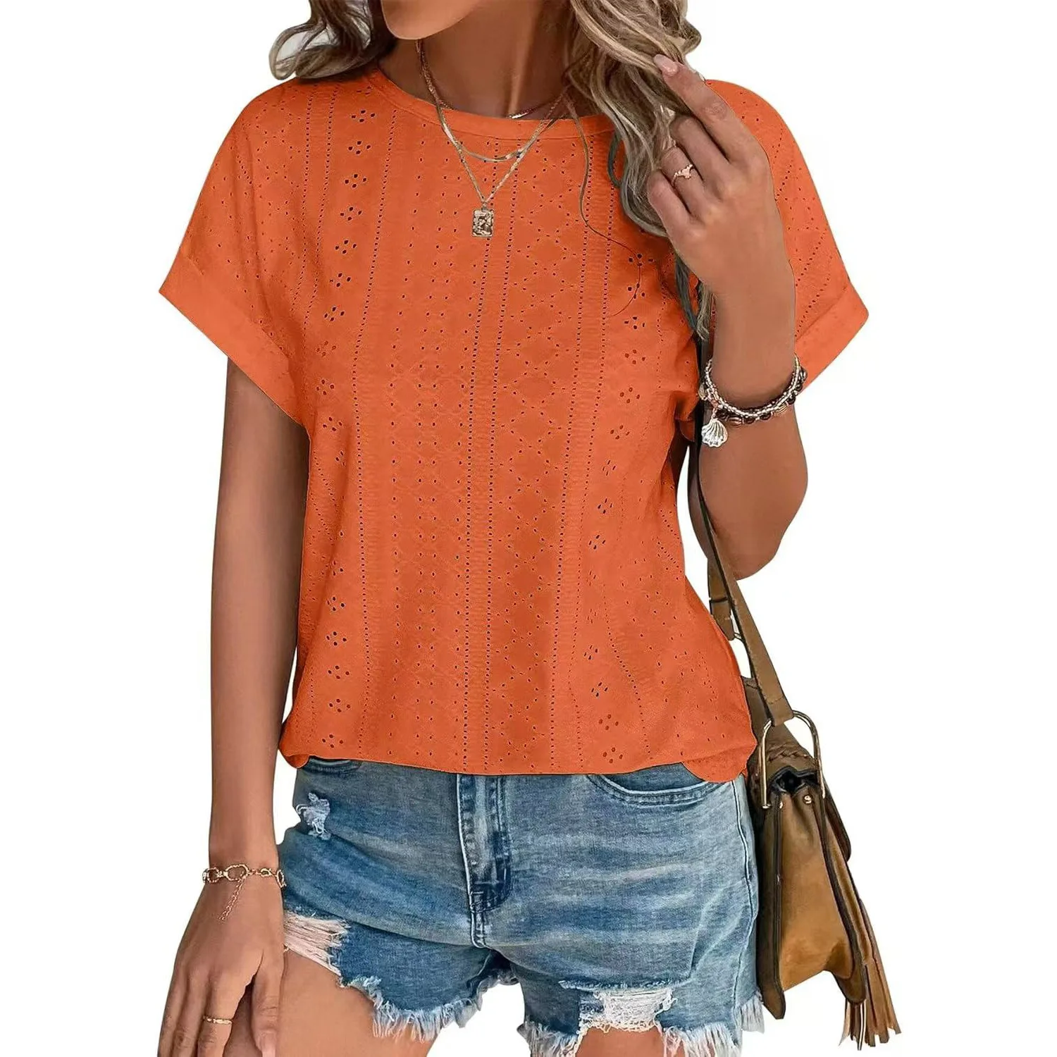 Spring/summer 2025 ladies new solid color hollowed out blouse mesh regular sleeve casual short sleeve t-shirt