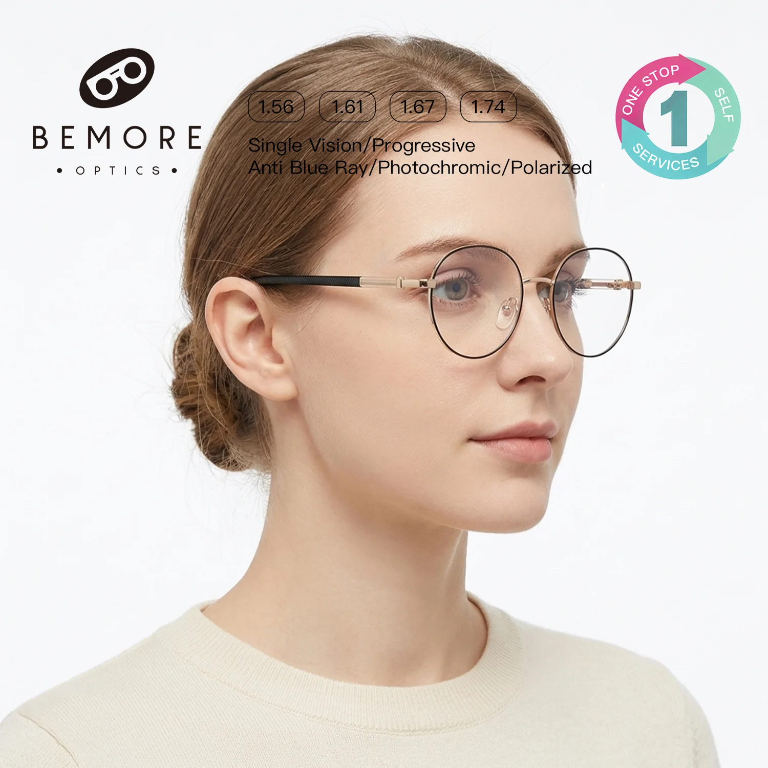 BEMORE Women's Reading Glasses Anti-Blue Light Metal Round Medical Eyeglasses Customizable Prescription