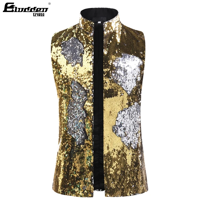 Men\'s Dress Suit Jacket Vest Double-Sided Color Sequins Tux Party Show Waistcoat Double-Sided Two Colors Sequins Waistcoat Vest