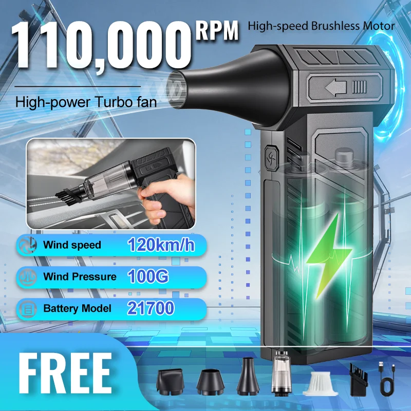 

Electric Air Duster 110000RPM Powerful Cordless Air Blower Type-c Fast Charging Portable Turbo Fan for Car/PC/Home/Outdoor/Snow