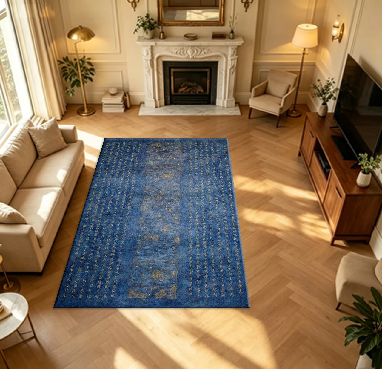Vintage Blue Background Golden Chinese Calligraphy Carpet Flooring Retro Oriental Art Household Indoor Decor Area Rug