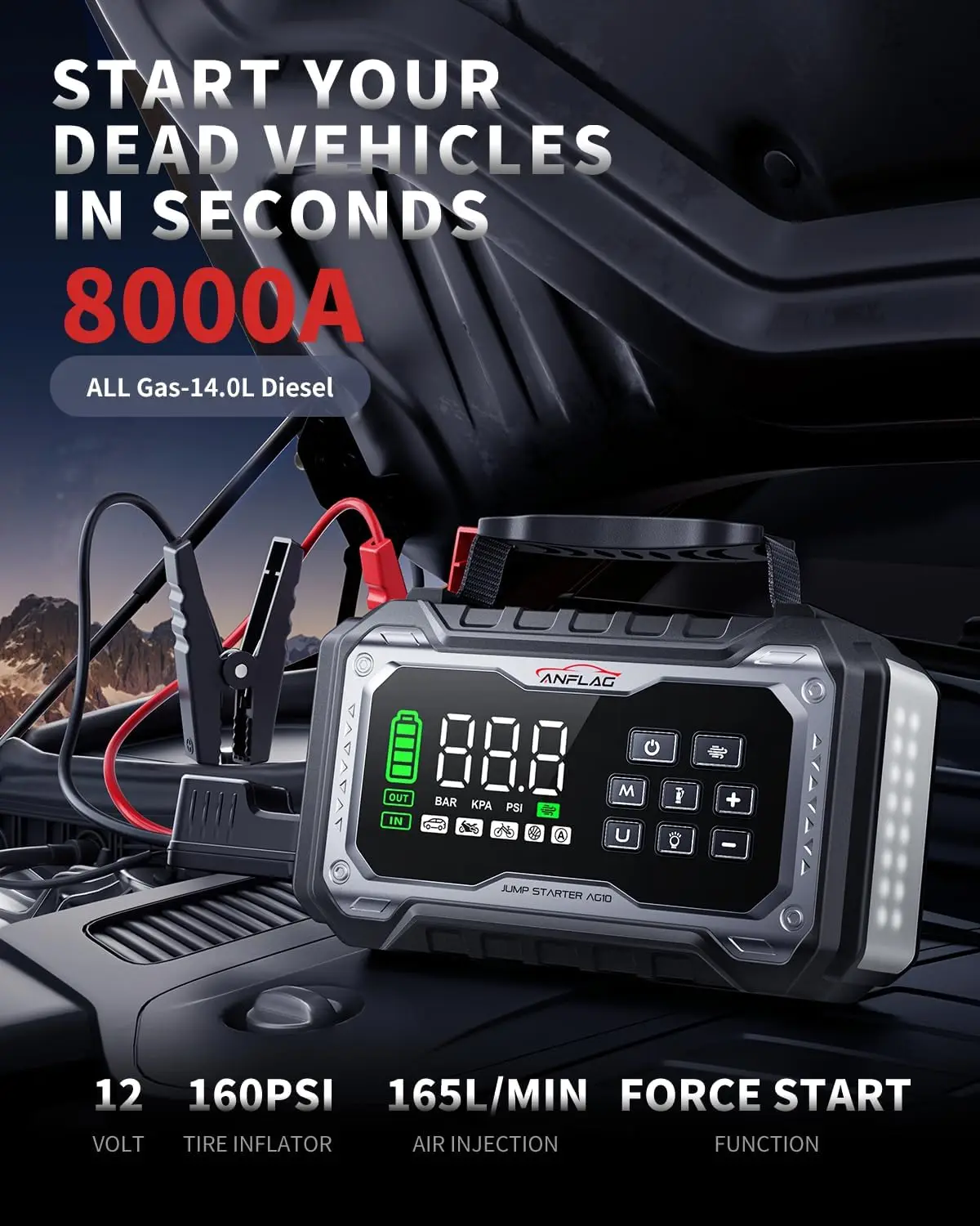 8000A Portable Jump Starter with Air Compressor, 12V Car Battery Booster Pack for All Gas and 14L Diesel Engines, 160PSI Tire Inflator, 165L/min Blower, 4-Mode 800LM LED, Jump Box