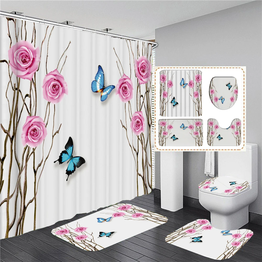 3D White Rose Shower Curtain Set Elegant Modern Chic Roses Floral Bath Curtain for Bathroom Mats Rugs Carpet Home Decor 180x180