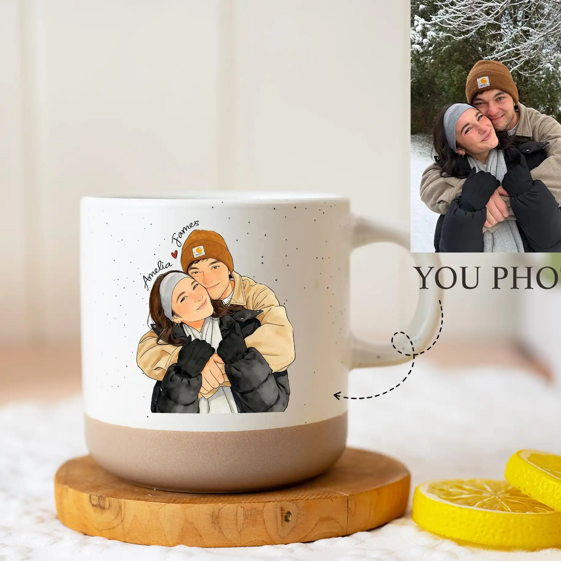 Custom Watercolor Photo Pottery Mug, Custom Picture Coffee Cup Gift For Couple, Couple Image Memories Gifts, Mother's Day Gift