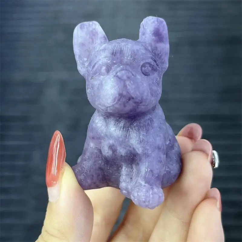 Natural Purple Mica Hand Carved French Bulldog Figurine, Crystal Dog Statue, Mini Desktop Ornament, Lucky Crystal Decor Gif