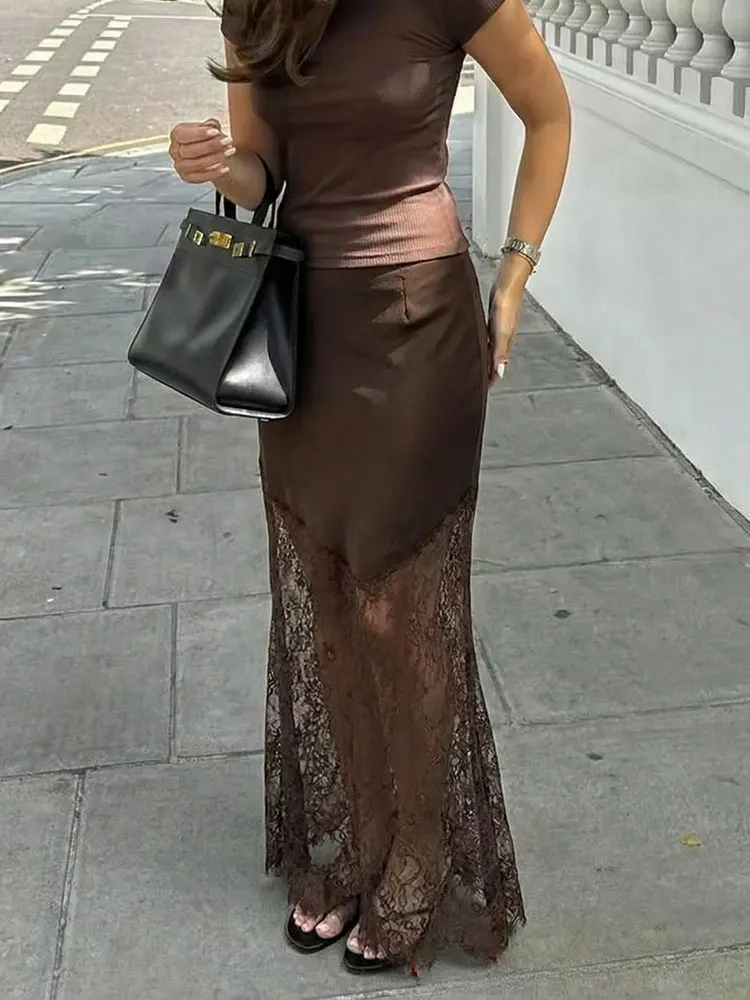 HH Women Elegant Lace Patchwork Long Skirt Side Zipper High Waist Slim Skirts Spring Summer Sexy Lady Party Club Evening Skirt