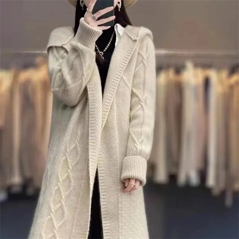 Autumn Winter Cashmere Sweater Cardigan Jacket Casual Thicken Long Hooded Knitted Cardigan Coat Large Size Wool Sweater Overcoat