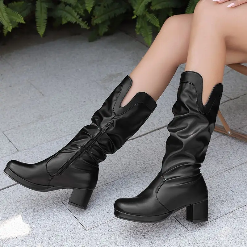 

ORCHA LISA/модные женские сапоги до середины икры для отдыха 2025, квадратный носок, 5 см, блочный каблук, 1,5 см, платформа, молния, большие размеры 47-50, ежедневно