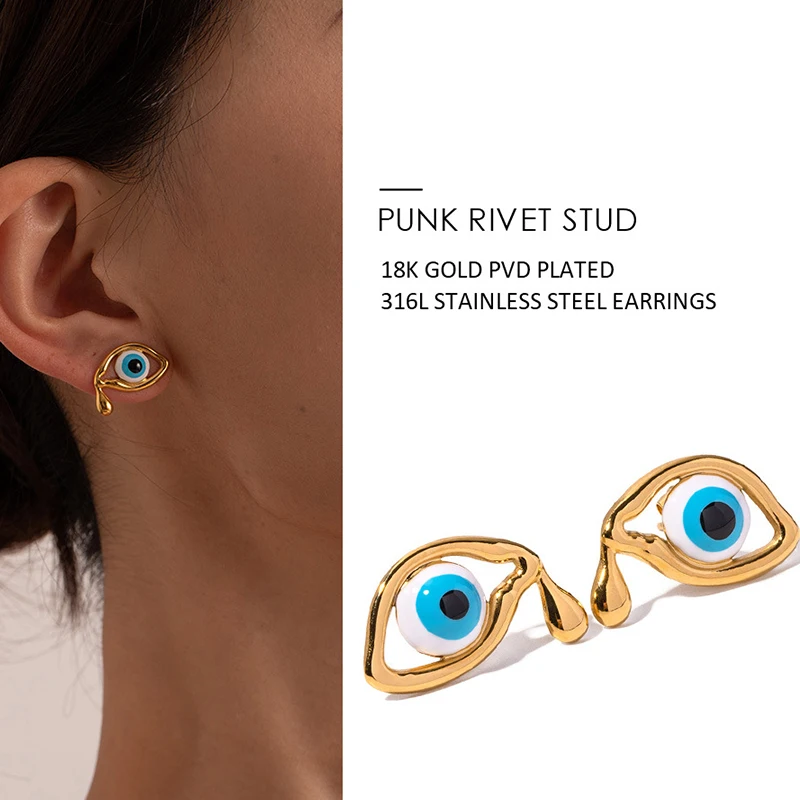 

PRISCA | Funny Earrings for Women. Stainless Steel. Lovely Evil Eye Jewelry.18k Gold.American and Retro Stud.1Pair.New