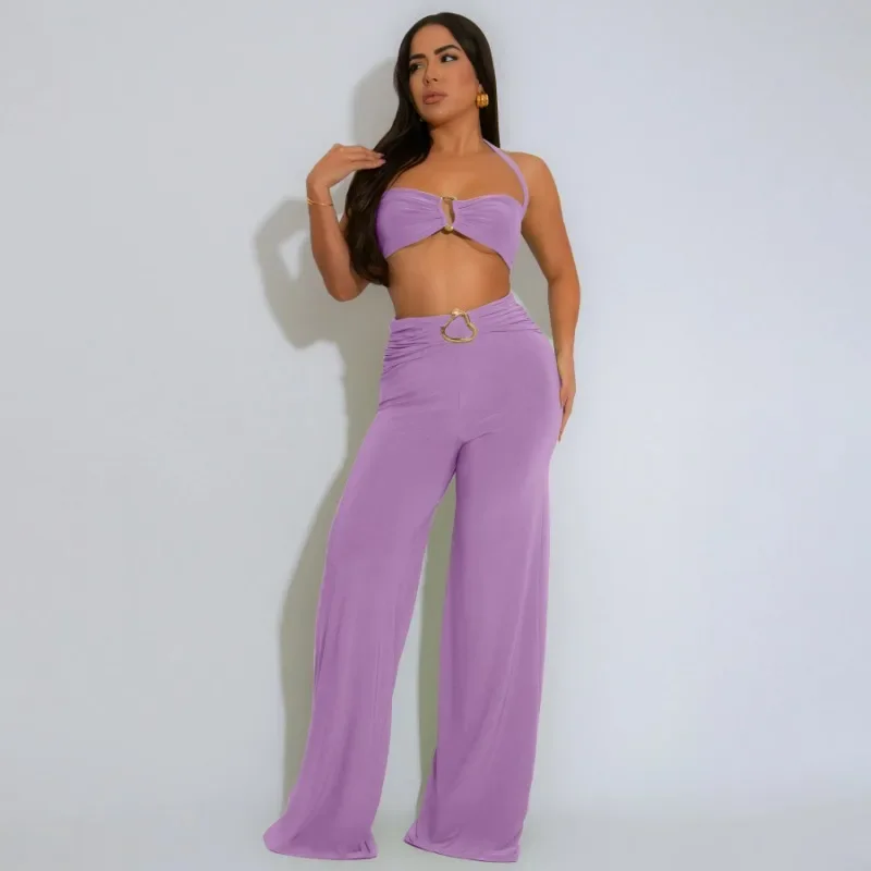 

GUWU Fashion Summer Women's Set Strapless Crop Top and Wide Leg Pants Sexy Party Club Two 2 Piece Sets Outfits Tracksuit