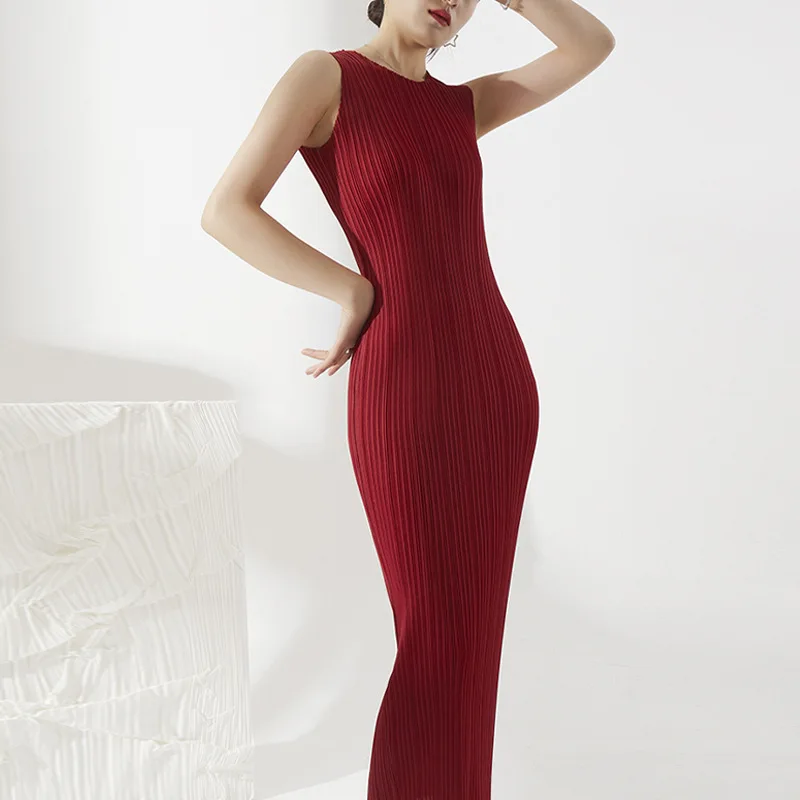 

Pleated Dress Women's Clothing Basic Style Sanzhai All-Matching Sleeveless Long Straight Office Lady Sheath Skirt