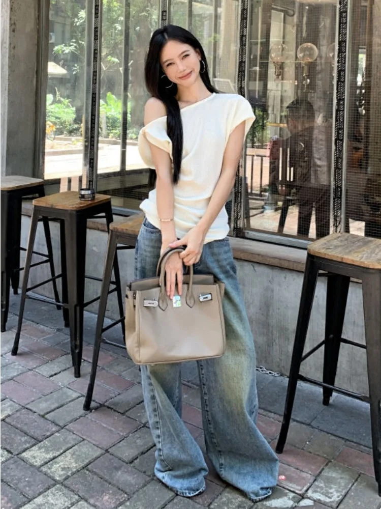 Skew Collar Off-shoulder T-shirts Women Slim Sexy Summer Street Style Harajuku Simple Lady Fashion Korean All-match Hotsweet Y2k