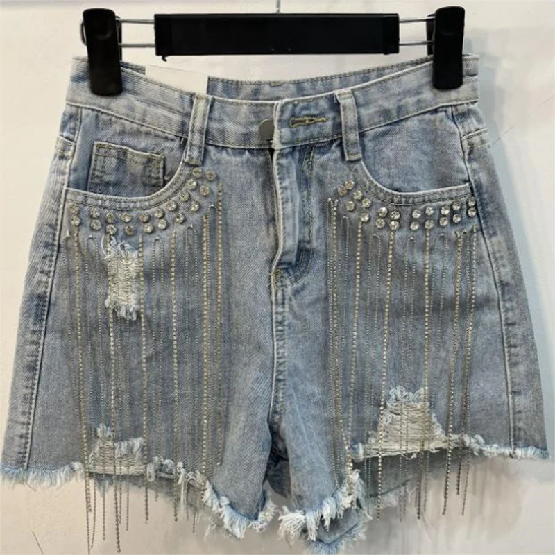 

Denim shorts women's 2022 summer new loose hole rhinestone tassel a-line wide-leg short pants