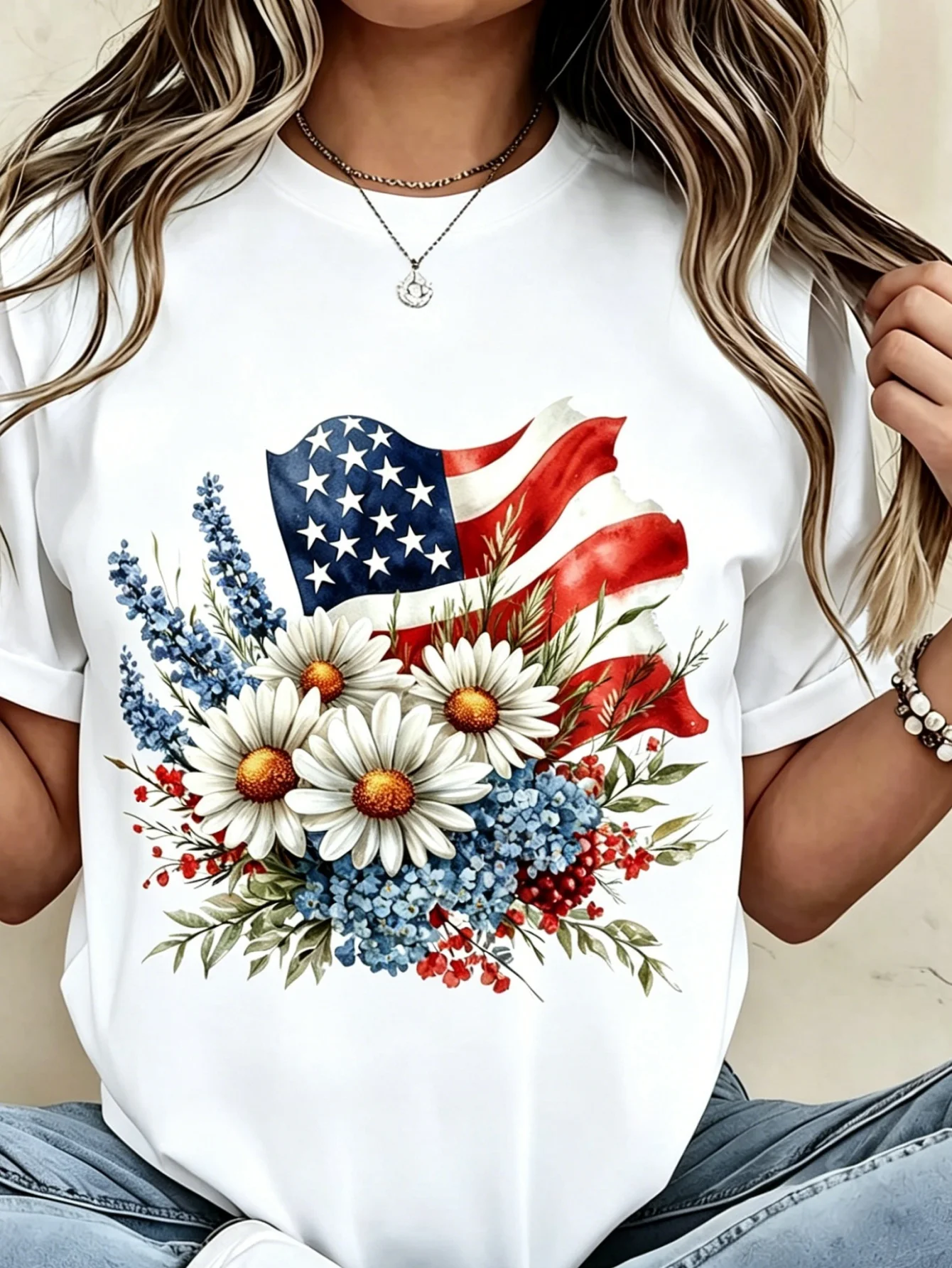 Plus-Size Women'S American Flag Floral Print T-Shirt, Casual Short Sleeve Round Neck Patriotic Top