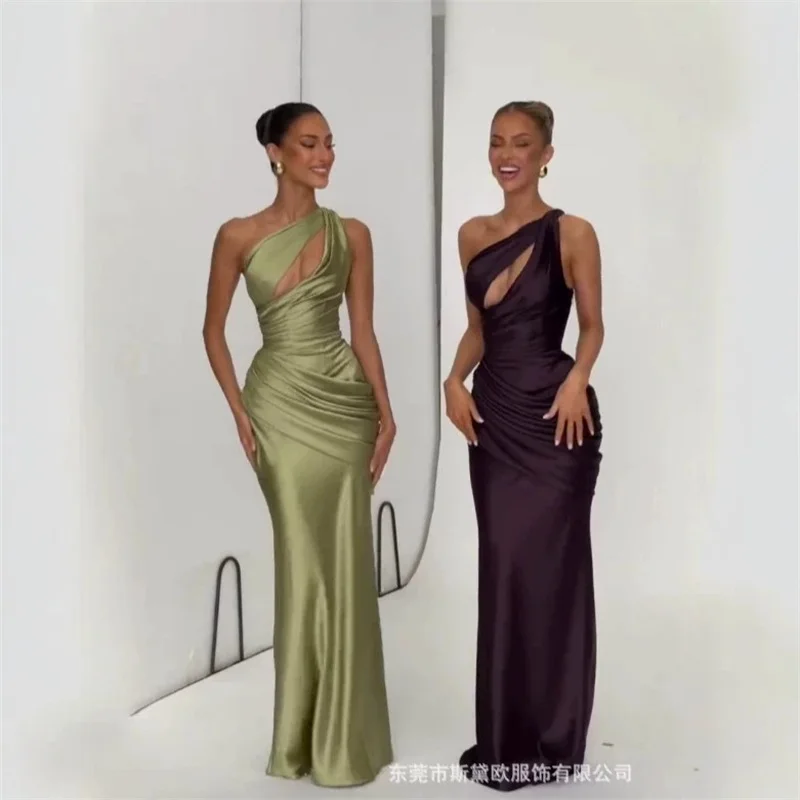 

Summer Satin Prom Dress Sexy One Shoulder Sleeveless Ruffles Sheath Party Gown Lace Up Back Formal Wedding Guest Birthday Robe