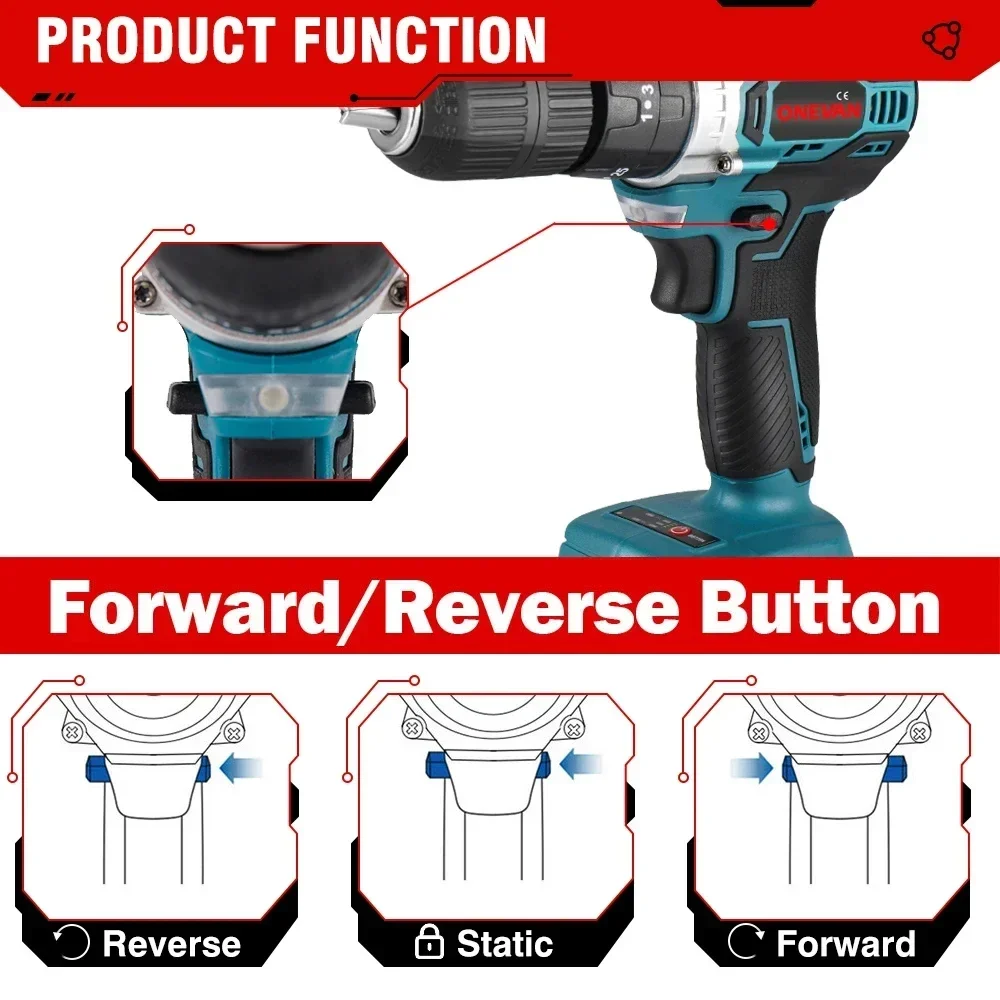 ONEVAN 1000W Brushless Electric Impact Drill 450NM 25+3 Torque 3 in 1 Electric Cordless Screwdriver Tool For Makita 18v Battery