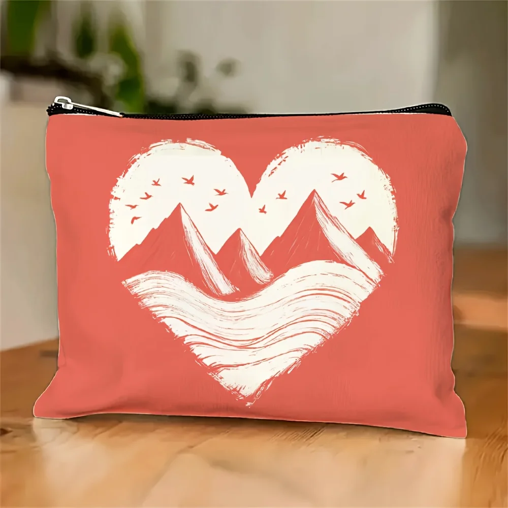 Bolsa de cosméticos com estampa de montanha e rio em formato de coração - bolsa com zíper multifuncional, bolsa para armazenamento de joias, zíper perfeito para viagem