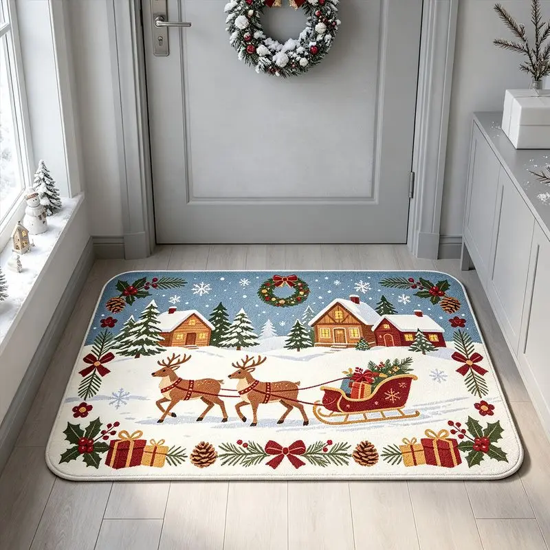 VIKAMA Christmas Doormat Snow Scene Cabin Deer Sleigh Flannel Front Door Mat Non Slip Outdoor Welcome Rug Holiday Decor