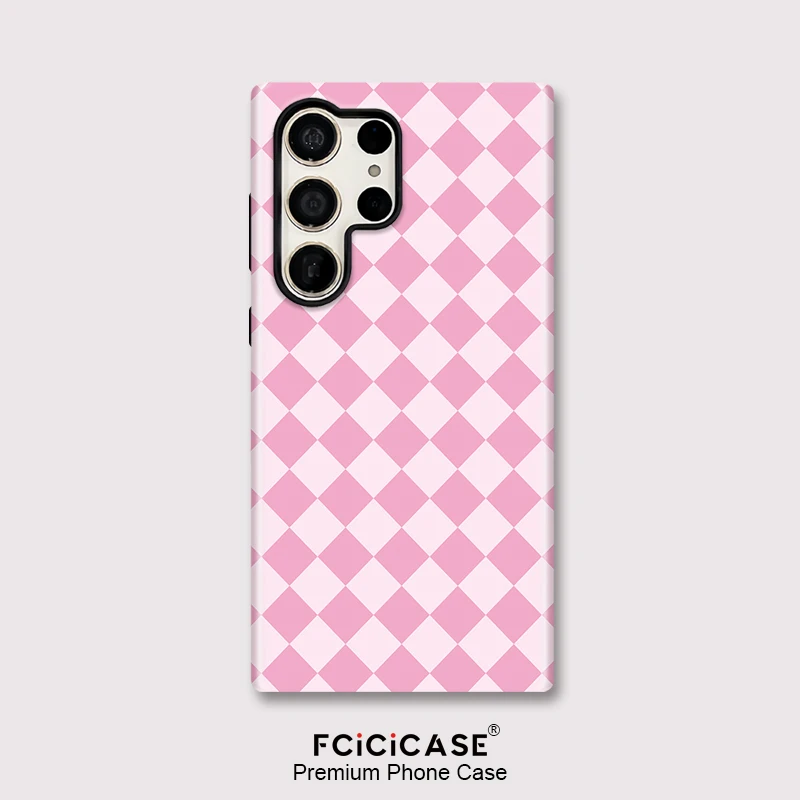 Fcicicase Pink Grid Pattern Phone Case For Samsung Galaxy S20 FE S23 Plus S24 S25 Ultra A16 A56 A36 A26 Shockproof Matte Cover
