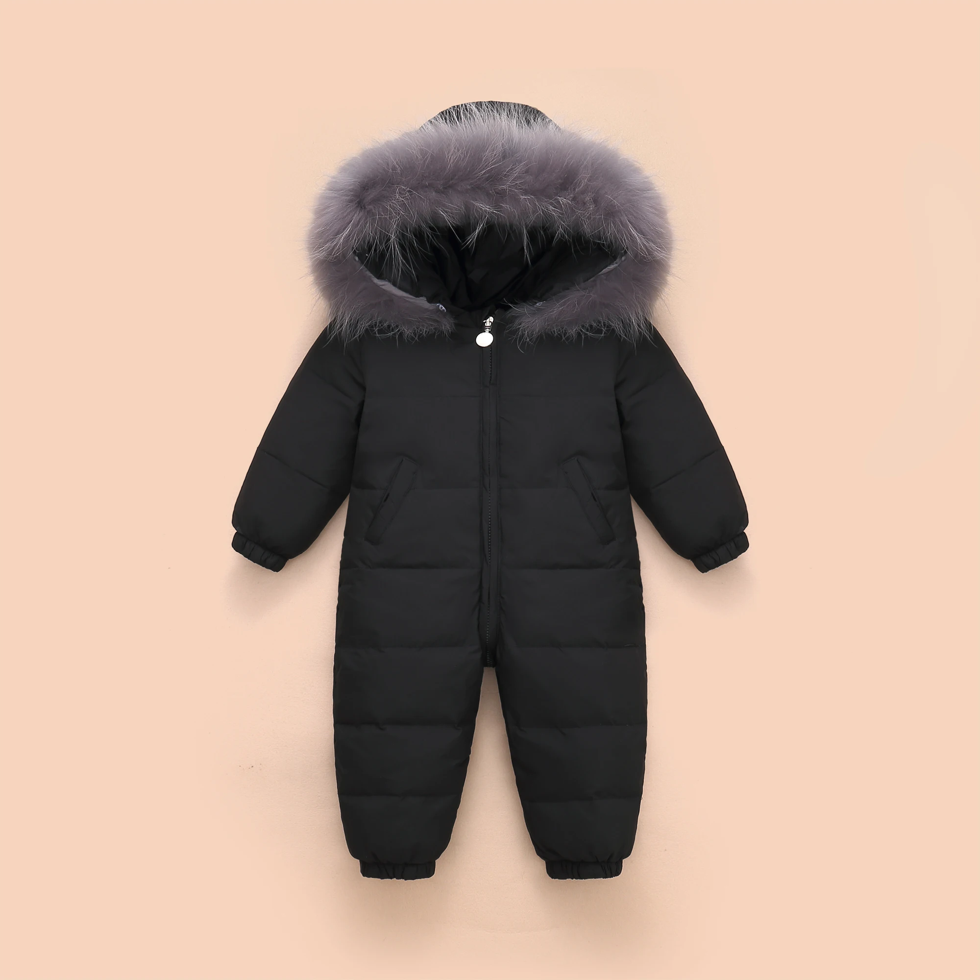 UNIFEMEN 2024 Kids Baby Winter Jumpsuit Real Raccoon Fur Baby Girl Snowsuit Toddler Boy Winter Romper Infant Boys Overalls