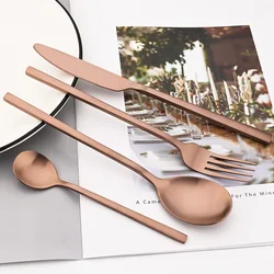 Western 4/8/16/24Pcs Matte Cutlery Kitchen Rose Gold Dinnerware Set Stainless Steel Flatware Set Knife Fork Spoon Silverware Set