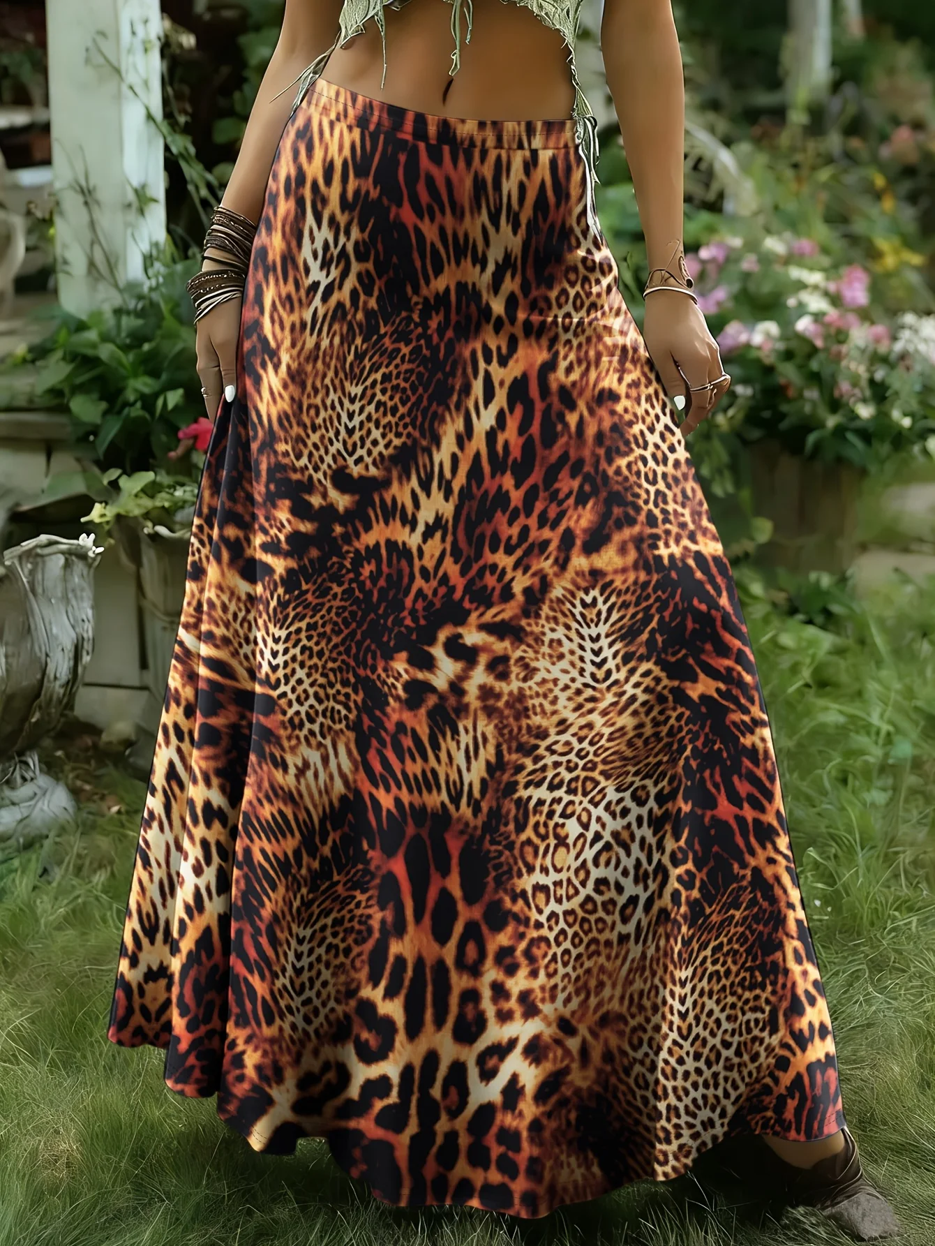 Vintage Animal Print Big Swing Maxi Skirt, Ladies High Waist Casual Long Skirt for Beach Vacation
