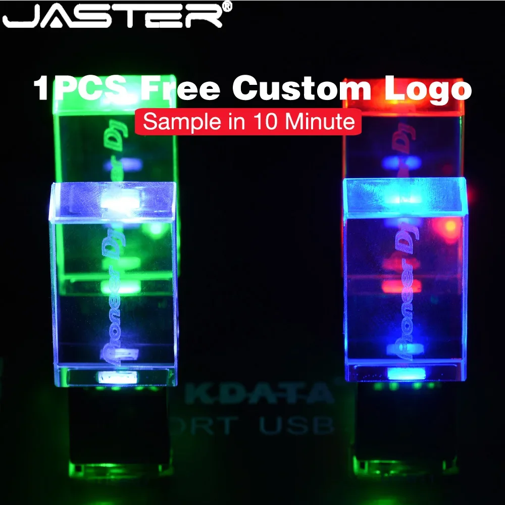 

JASTER Free Custom LOGO Crystal USB Flash Drive 64GB Blue LED Pendrive 4GB 16GB 32GB 128GB Externe Opslag Memory Stick U Disk