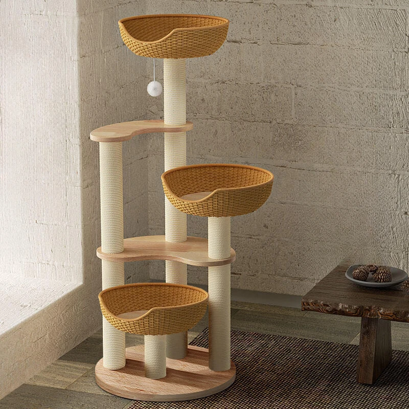 Solid wood frame rattan tree integrated sisal cat toy scratching board large climbing column shelf cat scratching tree