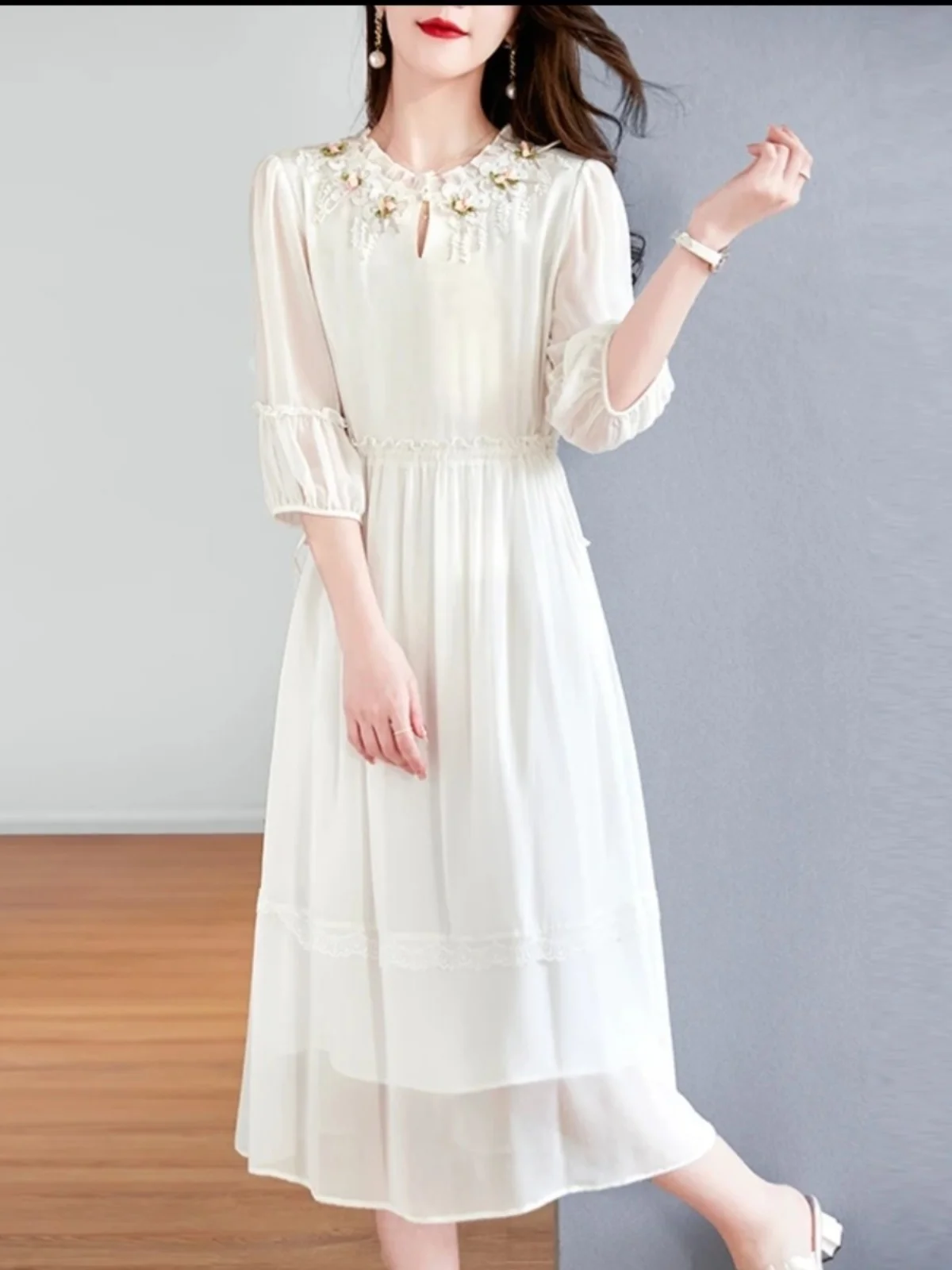 Ele White Silk Dr Damen Summer Faion Mom's Seidenrock Chiffon Material Bell Sve Midi Dr Pure Color