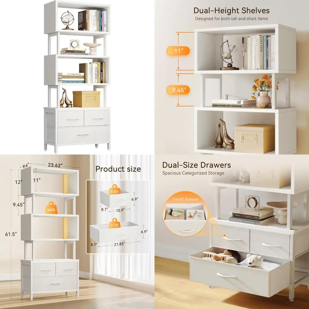 

Геометрическая 7-уровневая современная книжная полка с тканевыми ящиками для стильной витрины в гостиной